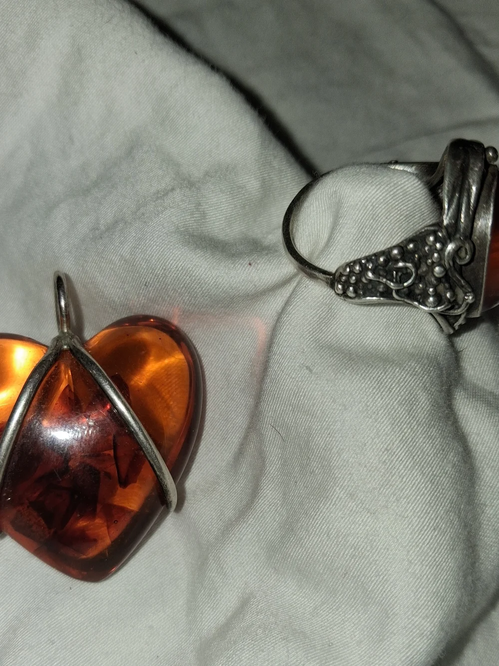 Vintage Sterling Silver Set. Amber Puff Heart Pendant With Oval Amber Ring 7.5